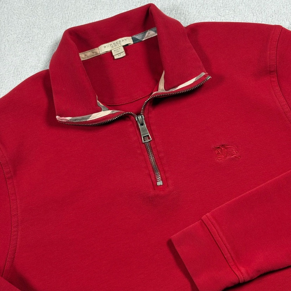 Burberry Brit Mens Red 1/4 Zip Cotton Sweatshirt Nova Check Trim Size Medium